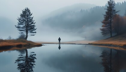 Wall Mural - Contemplative Figure in Enigmatic Mist-Covered Terrain