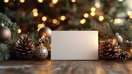 Poster - Christmas mockup of a blank holiday card on a rustic wooden table, surrounded by pinecones, ornaments, and a warm, festive atmosphere. 4K hyperrealistic photo.