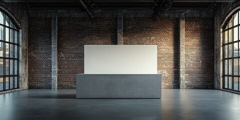 Wall Mural - A blank sign on a concrete counter in a brick