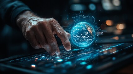 Poster - Man fingers texting on computer, digital bank hud hologram with earth sphere**