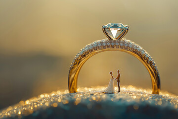 Bride and groom figurines inside the weeding ring, macro shot. Wedding ceremony concept. Wedding couple with golden ring as a symbol of forever love, togetherness, commitment. Save the date card