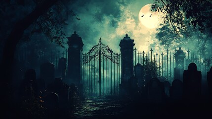 Spooky abstract graveyard silhouette featuring shadowy graves, detailed wrought iron gates, and eerie lighting from a distant moon