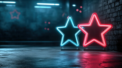 Two glowing red and blue stars are lit up against a brick wall