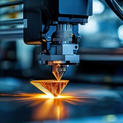 Poster - Close-up of a 3D printer creating a translucent triangular object.