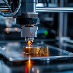 Poster - Close-up of a 3D printer nozzle creating a metal object in a modern workspace.