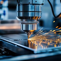 Poster - Close-up of a precision laser cutting machine creating sparks on metal.