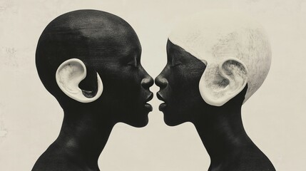 Poster - Creative collage illustration of two black white effect people big ear mouth instead head communicate