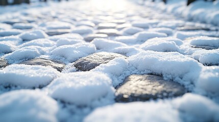 Texture of a snow-covered cobblestone street, with the uneven surface partially hidden under a thin layer of snow. 4K hyperrealistic photo.