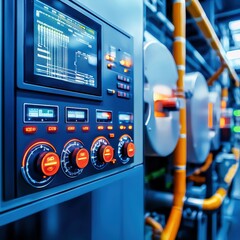Poster - Detailed view of a control panel in a high-tech industrial setting.