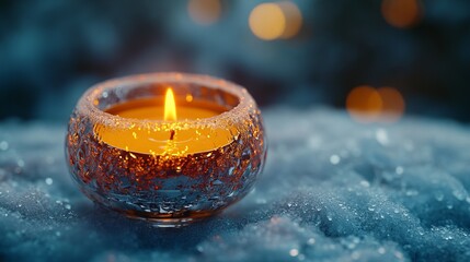 Poster - Close-up of a snow-covered candle holder, with frosted glass and a warm, glowing flame inside. 4K hyperrealistic photo.