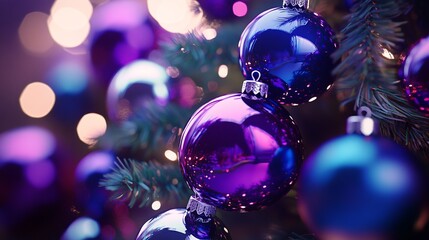 Poster - Christmas tree ornaments arranged by gradient from royal purple to midnight blue, shimmering under the lights. 4K hyperrealistic photo.