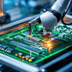 Poster - Close-up of a robotic arm assembling a circuit board in a modern factory environment.