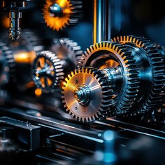 Poster - Close-up of metallic gears in motion showcasing industrial machinery dynamics.