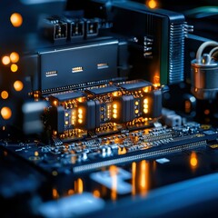 Poster - Close-up of a circuit board with glowing components against a dark background.