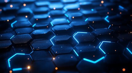 Poster - A sleek, modern honeycomb pattern with glowing blue neon lines on a dark background signaling technology and connectivity
