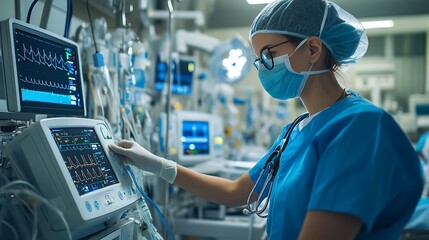 A medical professional adjusting a high-tech ventilator in a hospital intensive care unit, with monitors in the background