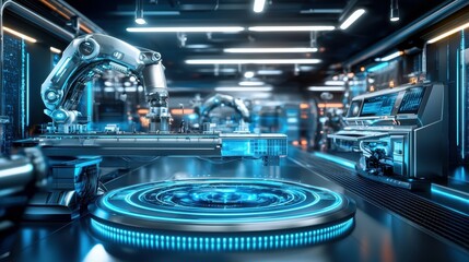 Poster - Futuristic robotic arm in a high-tech industrial setting with glowing blue elements.