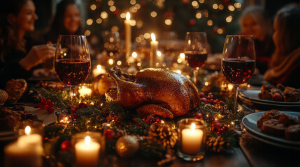 Poster - A traditional Christmas dinner table set with candles, a roasted turkey, and festive decorations,