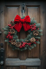 Poster - A charming Christmas wreath hanging on a rustic wooden door,