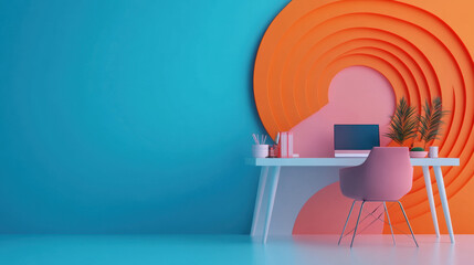 Wall Mural - A white desk with a pink chair and a laptop