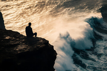 Wall Mural - A silhouette of a person sitting on a cliff, overlooking turbulent ocean waves at sunset.