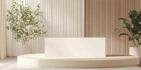 Wall Mural - White background with a wooden platform and plants.