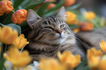 Poster - A fluffy tabby cat lounging among a bed of yellow tulips and orange gerbera daisies,
