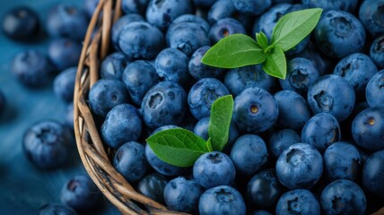 Freshly Picked Blueberries in a Wicker Basket with Green Leaves – A Nutritious, Antioxidant-Rich Superfood for Health