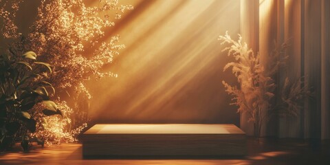 Poster - A wooden platform with plants and light streaming through a