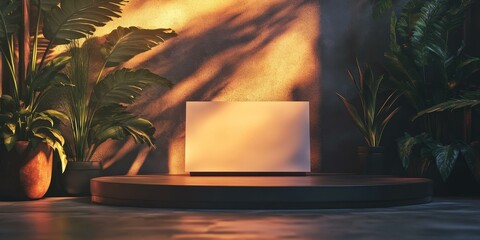 Sticker - Round podium with plants and warm lighting.