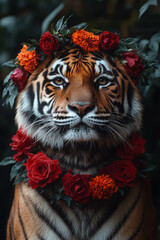 Poster - A majestic tiger with a garland of deep red roses and orange marigolds around its neck,