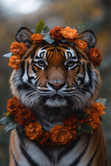Poster - A majestic tiger with a garland of deep red roses and orange marigolds around its neck,