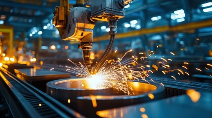 Poster - Industrial robot welding metal components in a modern factory setting.