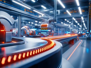 Poster - Futuristic conveyor system with robotic arms in a high-tech factory setting.