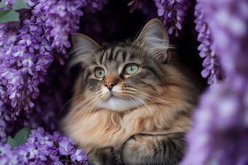 Aufkleber - A fluffy Norwegian Forest cat lying under a canopy of wisteria blooms,