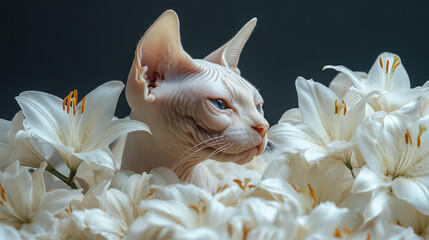Aufkleber - A hairless Sphynx cat surrounded by delicate white lilies,