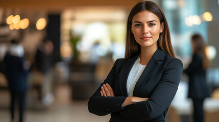 Confident and professional young businesswoman with arms crossed in a modern office setting