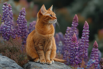 Aufkleber - A regal Abyssinian cat perched on a rock surrounded by a field of purple lupines,