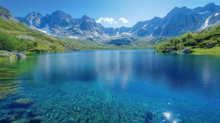 Serene mountain landscape reflecting crystal-clear waters under a bright summer sky