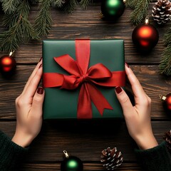 Stylish hands holding a green gift box with a red ribbon, surrounded by festive decorations.