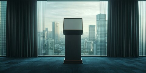 Wall Mural - Blank podium in a room with a city view.