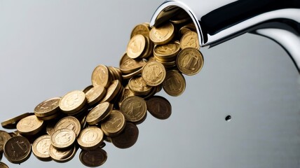 Chrome faucet pouring out gold coins on reflective surface