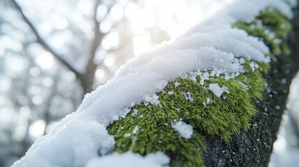 Poster - Snow-covered moss on a tree trunk, with the soft texture of the moss contrasting with the cold snow. 4K hyperrealistic photo.