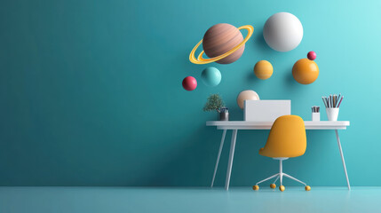 Wall Mural - A desk with a chair and a computer monitor