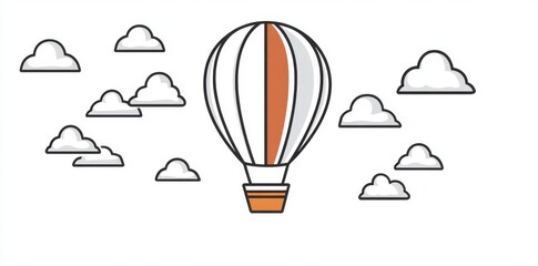 A hot air balloon floating amid clouds in a continuous line art style. A modern black linear illustration isolated over a white background.