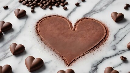 Poster - Heart shapes made from powdered chocolate on a marble slab with coffee beans around