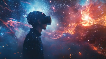 A man wearing VR headset gazing at a starry sky.