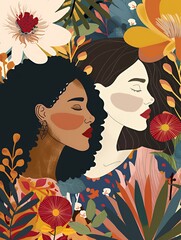 Two women with different skin tones are surrounded by lush foliage, with their eyes closed as if in meditation.