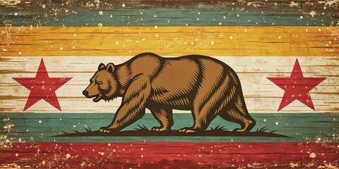 A stylized, vintage-inspired emblem featuring a stylized bear and star elements, set against a distressed California