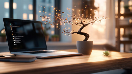 Wall Mural - A laptop is on a desk with a potted plant next to it